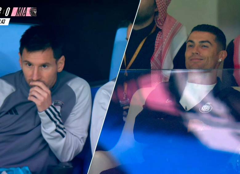 Lionel Messi y Cristiano Ronaldo vivieron dos realidades diferentes durante el duelo entre Inter Miami y Al-Nassr. El argentino sufrió desde el banco de suplentes. El portugués gozó con la presentación de sus compañeros desde uno de los palcos del estadio. FOTO: CAPTURA DE PANTALLA TOMADA DE REDES SOCIALES 