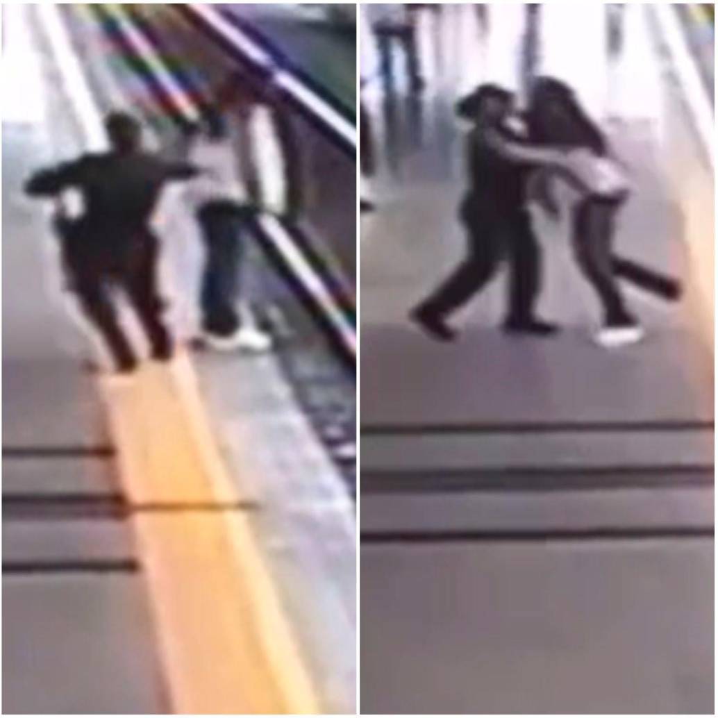 Momentos en los que la auxiliar de policía se abalanza contra una mujer y evita que se lance al a vía férrea del metro. FOTOS: Captura de video