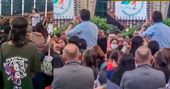 Una secuencia de video muestra al sicario (camiseta verde) observando al senador Miguel Uribe, y acercándose para dispararle por la espalda. FOTOs TOMADAS DE VIDEO