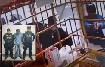 Adelante, el detenido por el hurto a la joyería de Itagüí. Atrás, el momento del hurto. FOTOS: Cortesía