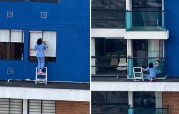 Mujer exponiendo su vida limpiando las ventanas de un piso 23. Foto: tomada de Instagram @finanzaslaluzvalbuena 