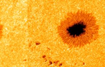 Izquierda: Extracto de una imagen del Sol, tomada con el Telescopio de Torre de Vacío de Tenerife. Derecha: Imagen de alta resolución restaurada a partir de 100 exposiciones individuales capturadas con el nuevo sistema de cámara avanzado. FOTO cortesía R. Kamlah